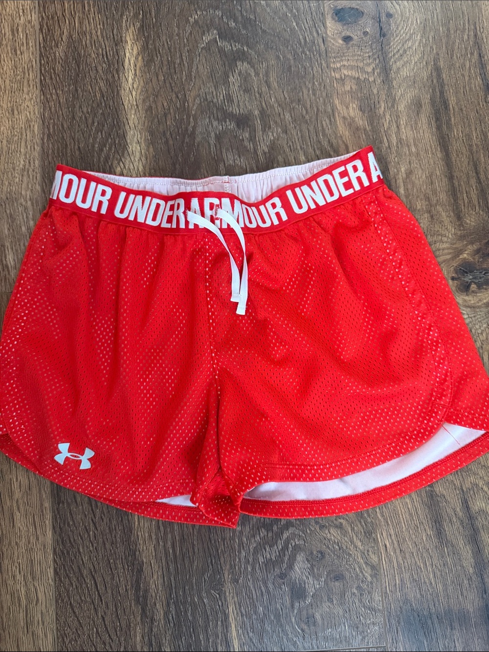Under Armour Women's Red Mesh Training Shorts with White Trim